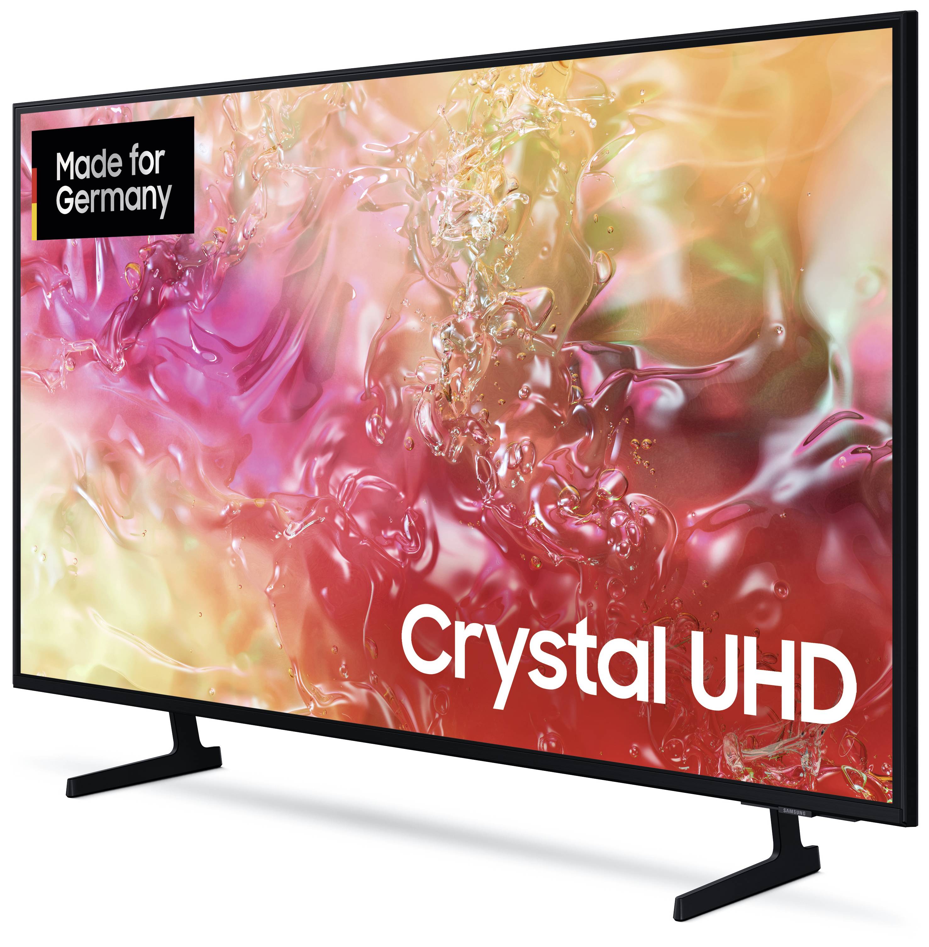 Een televisie met de opdruk 'Made for Germany' en 'Crystal UHD', vertoont kleurrijke, abstracte patronen op het scherm.