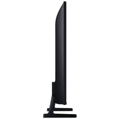 Zijaanzicht van een moderne computerscherm met een slanke vormgeving en een stabiele voet.