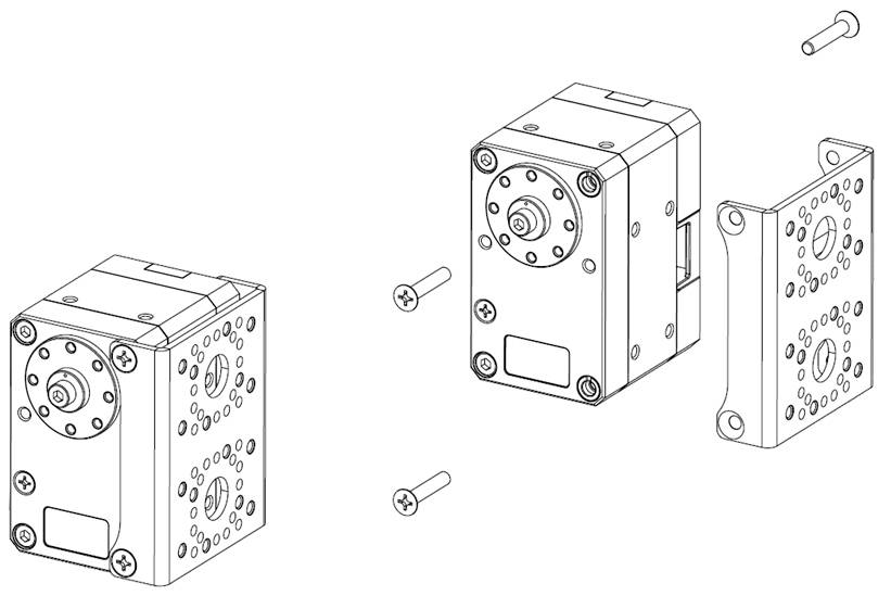 Twee servomotoren met montageonderdelen en schroeven die bestemd zijn om in elkaar te worden gezet voor een mechanische constructie.