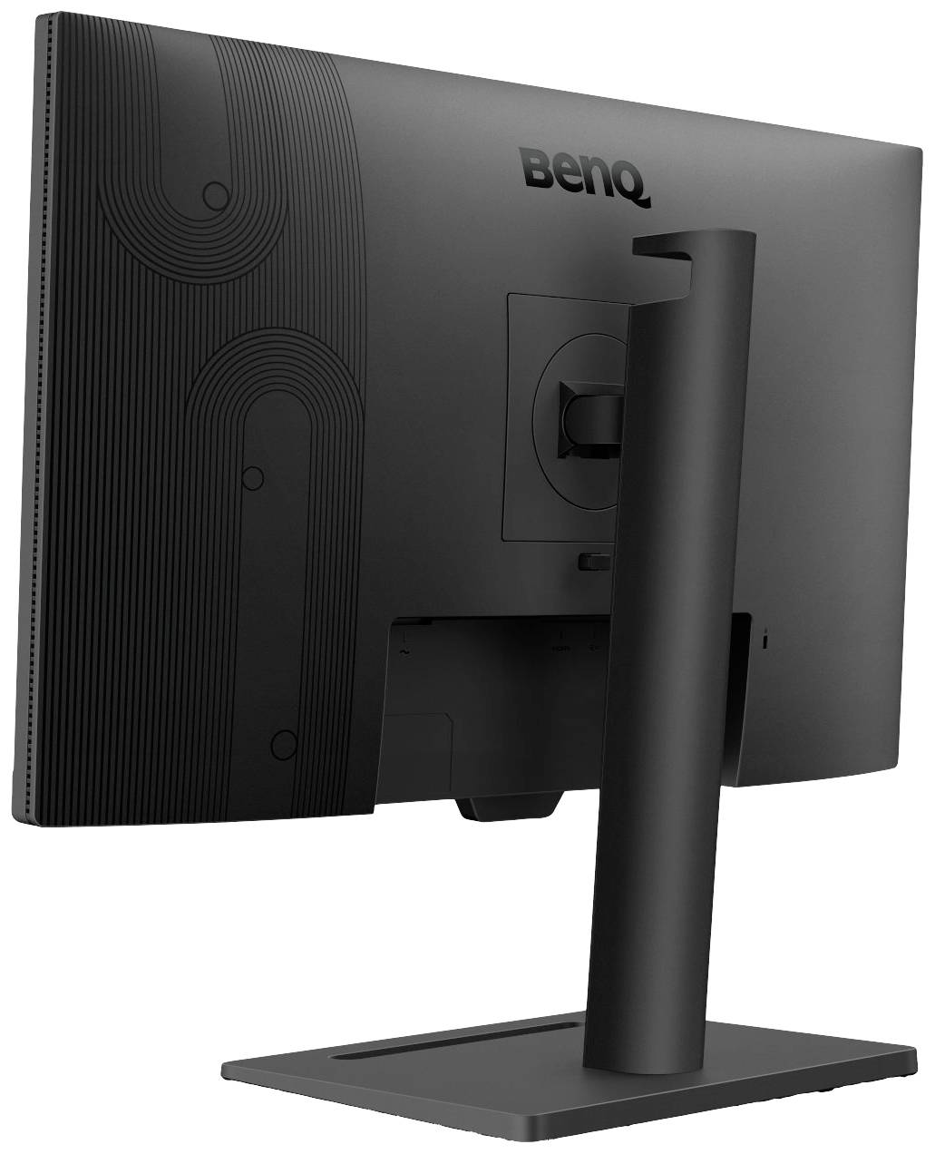 Achteraanzicht van een zwarte computermonitor op een standaard, met zichtbare kabelaansluitingen en detailpatronen aan de achterkant.