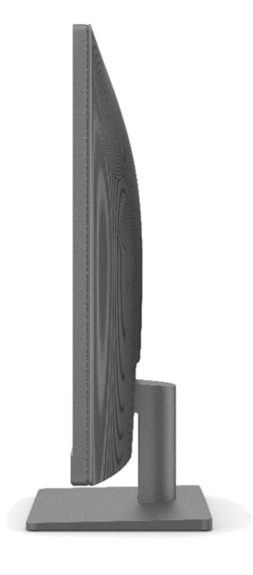 Zijaanzicht van een moderne, platte computermonitor met een smal frame op een stevige standaard.