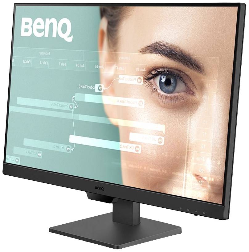 Een BenQ-monitor toont een afbeelding met een menselijk oog op de achtergrond. De gebruikersinterface bevat menu's en grafische elementen.