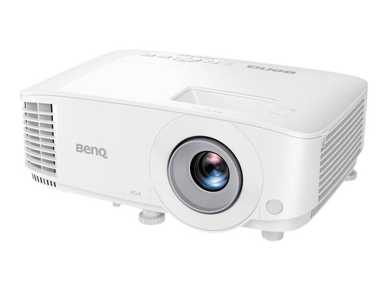 Een witte projector met merklogo aan de linkerkant; de lens is gericht naar rechts.