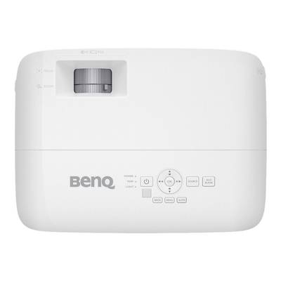 Een witte BenQ-projector met focus- en zoomregelaars, aan/uit- en menutoetsen.