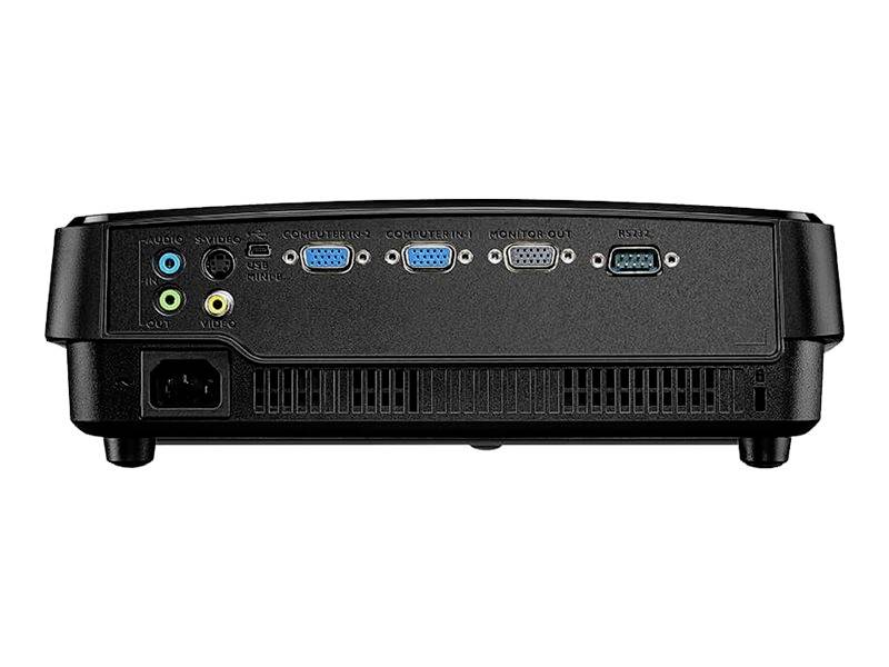 Achterkant van een projector met verschillende aansluitingen: stroomaansluiting, VGA, HDMI en audio.