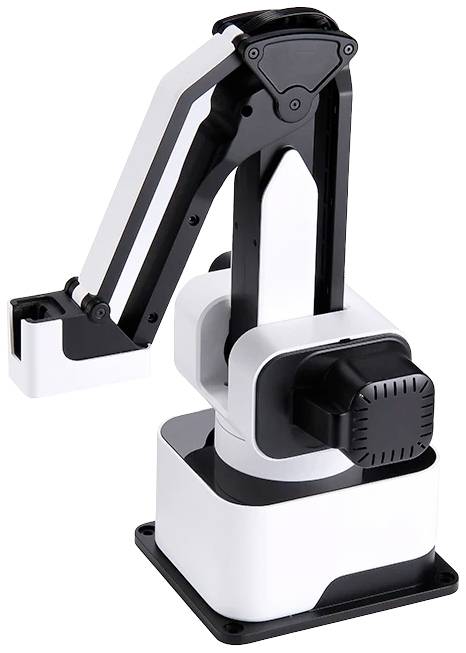 Robotarm met zwart-witte kleurstelling, staand op een vierkante basis, klaar voor het uitvoeren van precisietaken.