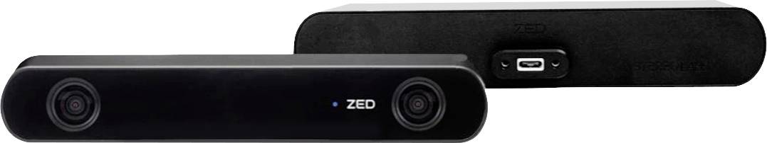 Twee zwarte stereocamera's van het merk 'ZED', één van voren en één van achteren, met zichtbare USB-aansluiting.