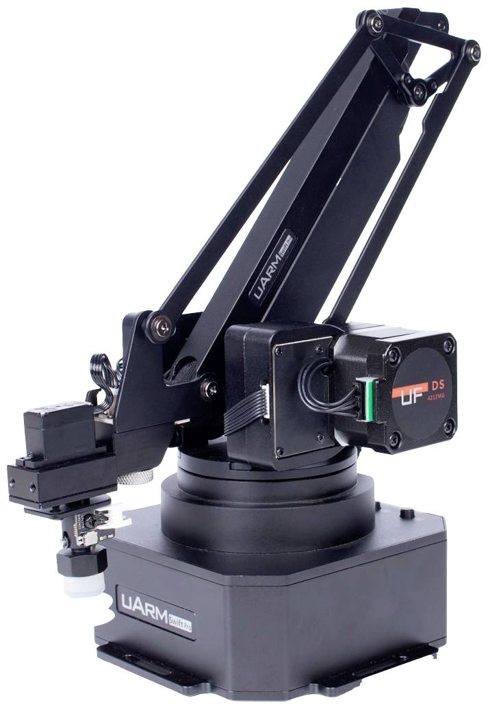 Een zwarte robotarm met meerdere gewrichten en een grijper aan het uiteinde. De arm is gemonteerd op een ronde basis.