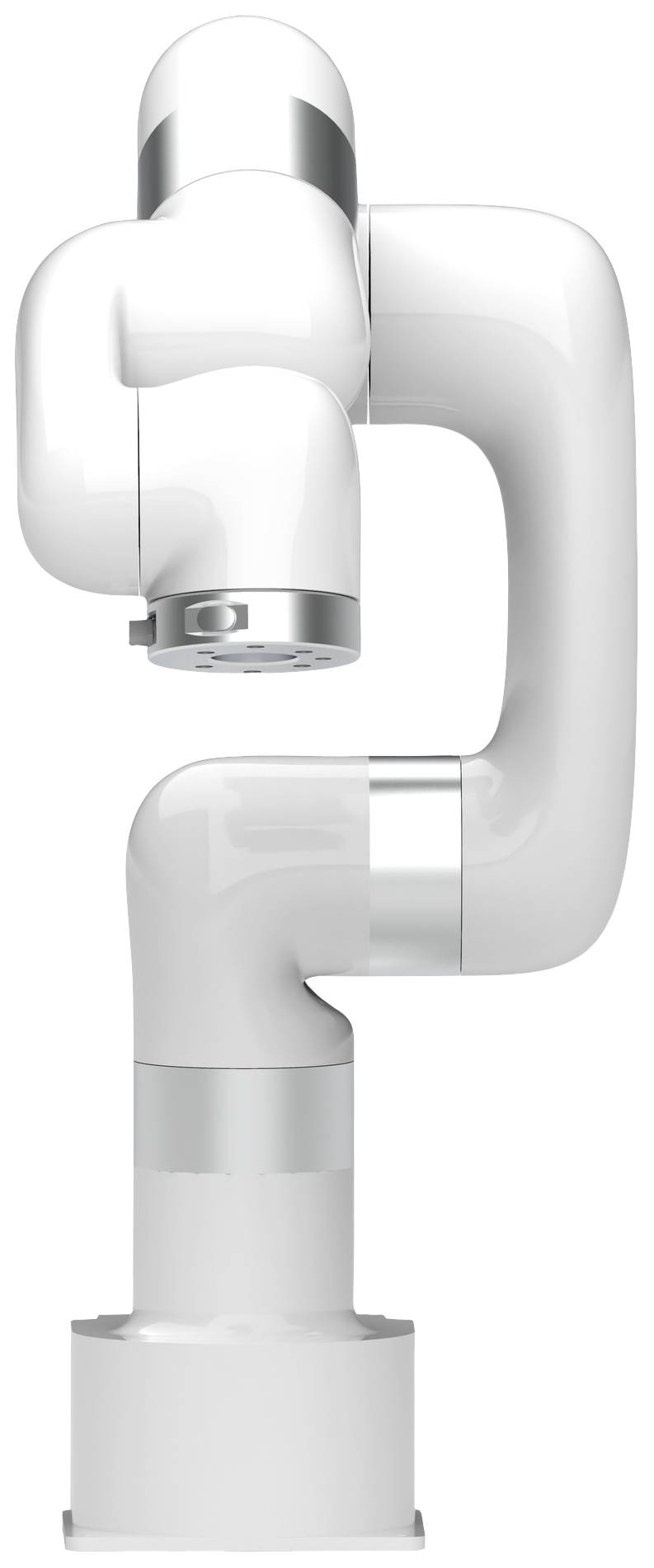 Een witte industriële robotarm met meerdere gewrichten, geschikt voor precisie-assemblage of bediening van machines in de productie.