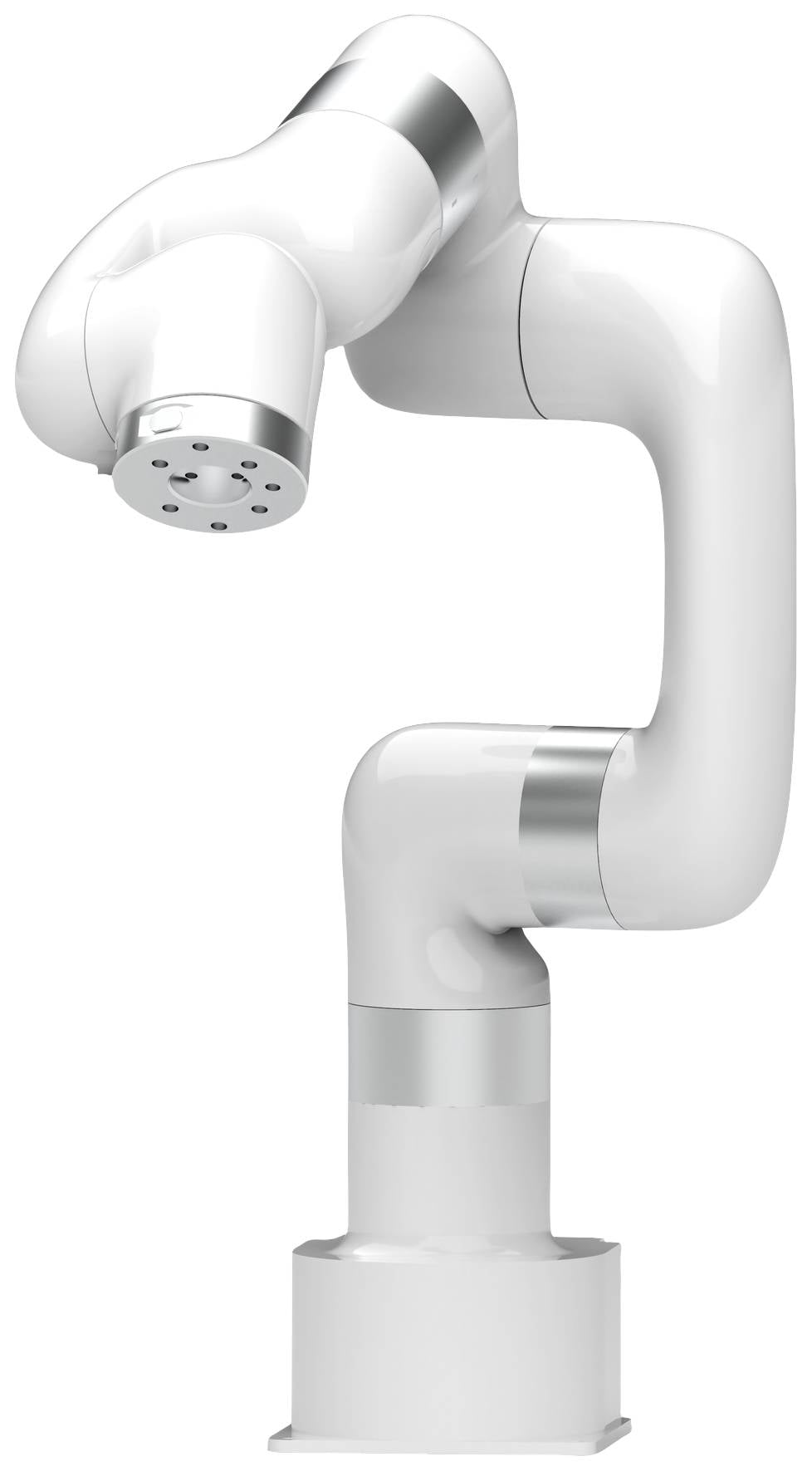 Een witte, industriële robotarm met meerdere gewrichten en zilveren accenten, geschikt voor precisiewerk in fabrieken.