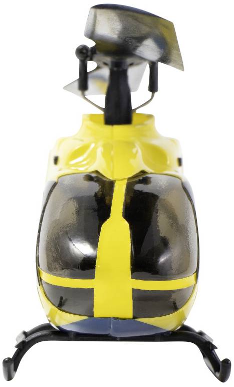 Een gele modelhelikopter met zwarte strepen, frontaal gefotografeerd.