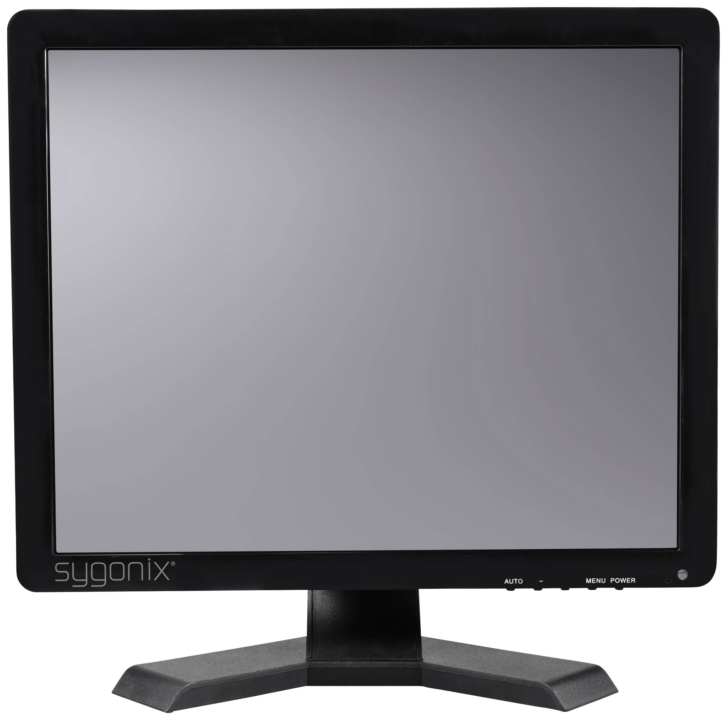 Een zwarte computermonitor met het merk 'sygonix' op de rand. Het scherm is uitgeschakeld.