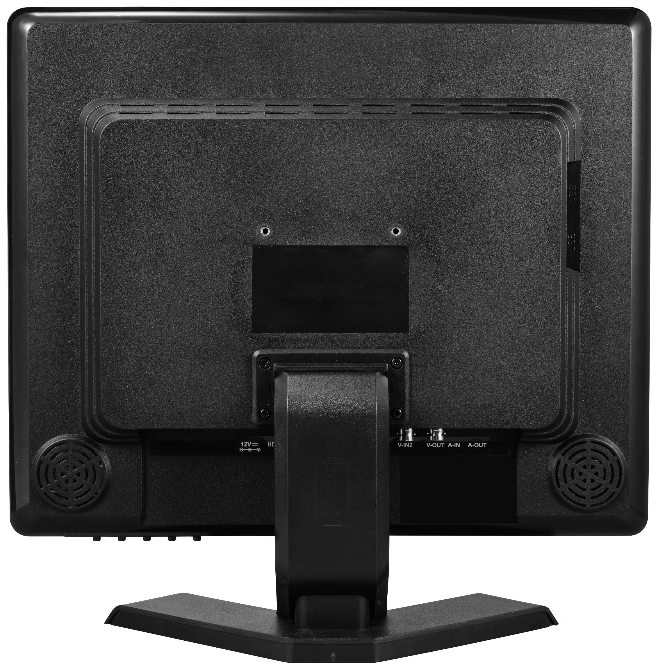 Het scherm toont de achterkant van een zwarte monitor met een stevig voetstatief. Hij heeft ventilatiesleuven en aansluitingen.