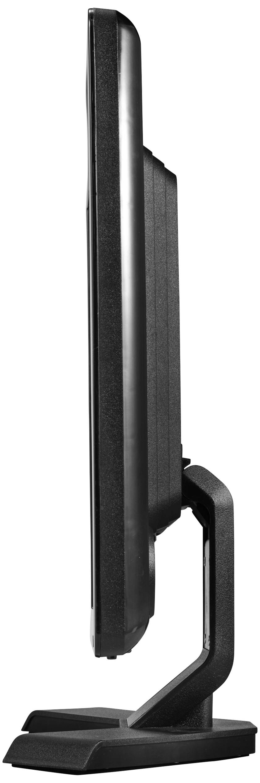 Een computermonitor van opzij, toont het slanke en moderne design van het scherm op een rechthoekige voet.