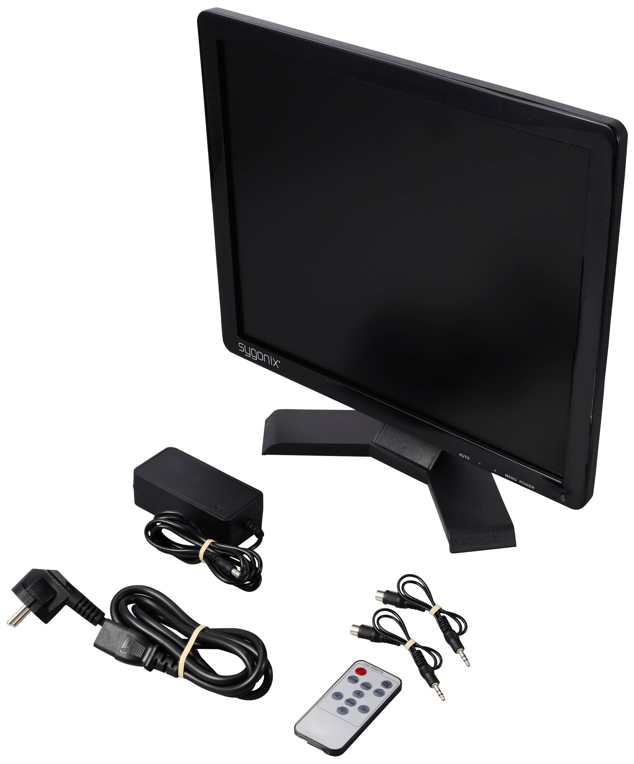 Een zwarte monitor met standaard, voedingsadapter, afstandsbediening en twee audiokabels. De monitor staat uit.