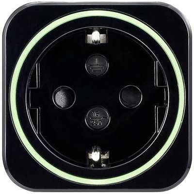 Het beeld toont een zwarte wandcontactdoos met een groene verlichtingsring rond de rand, geschikt voor het aansluiten van elektrische apparaten.