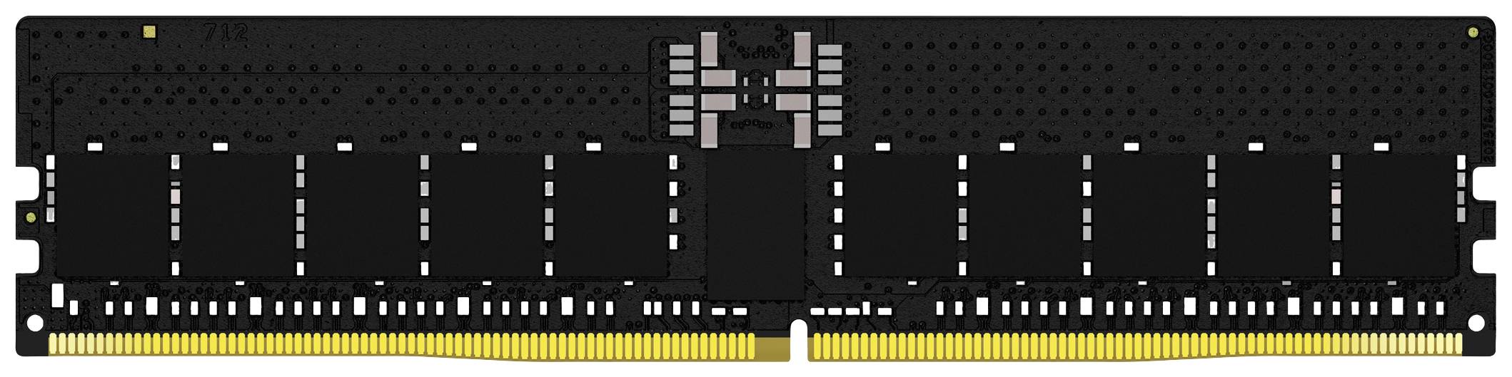 Een RAM-module met zwarte chips en gouden contacten aan de onderzijde, een typisch ontwerp voor geheugen in computers.
