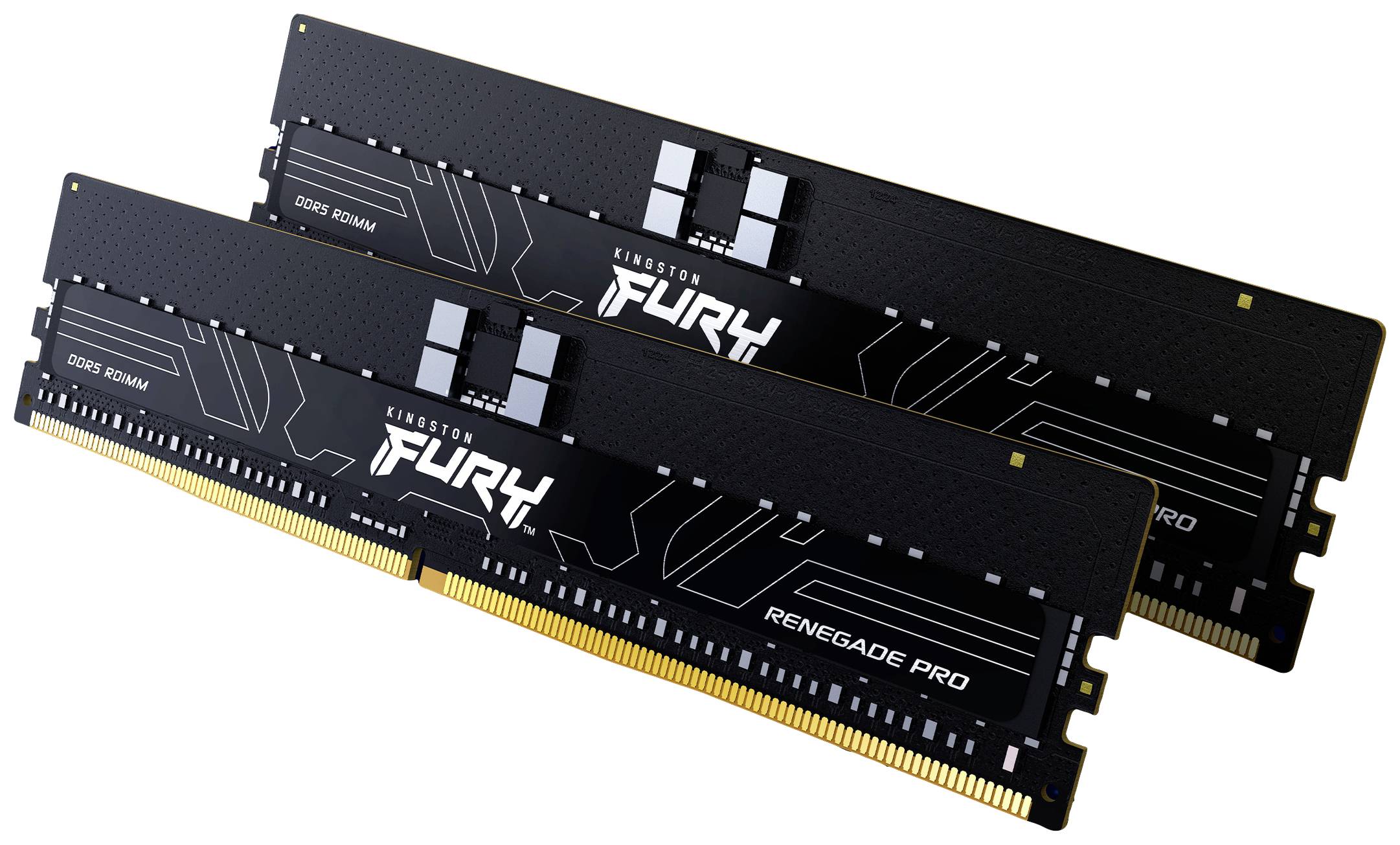 Twee zwarte Kingston Fury Renegade Pro RAM-modules met gouden contacten en koellichamen, elk met een capaciteit van 32 GB.