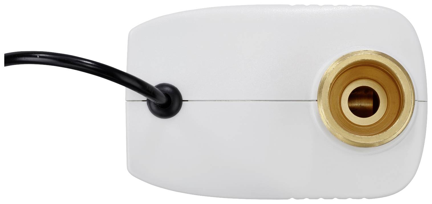 Een wit elektronisch apparaat met een rond gouden aansluitpunt en een zwart kabel aan de linkerkant.