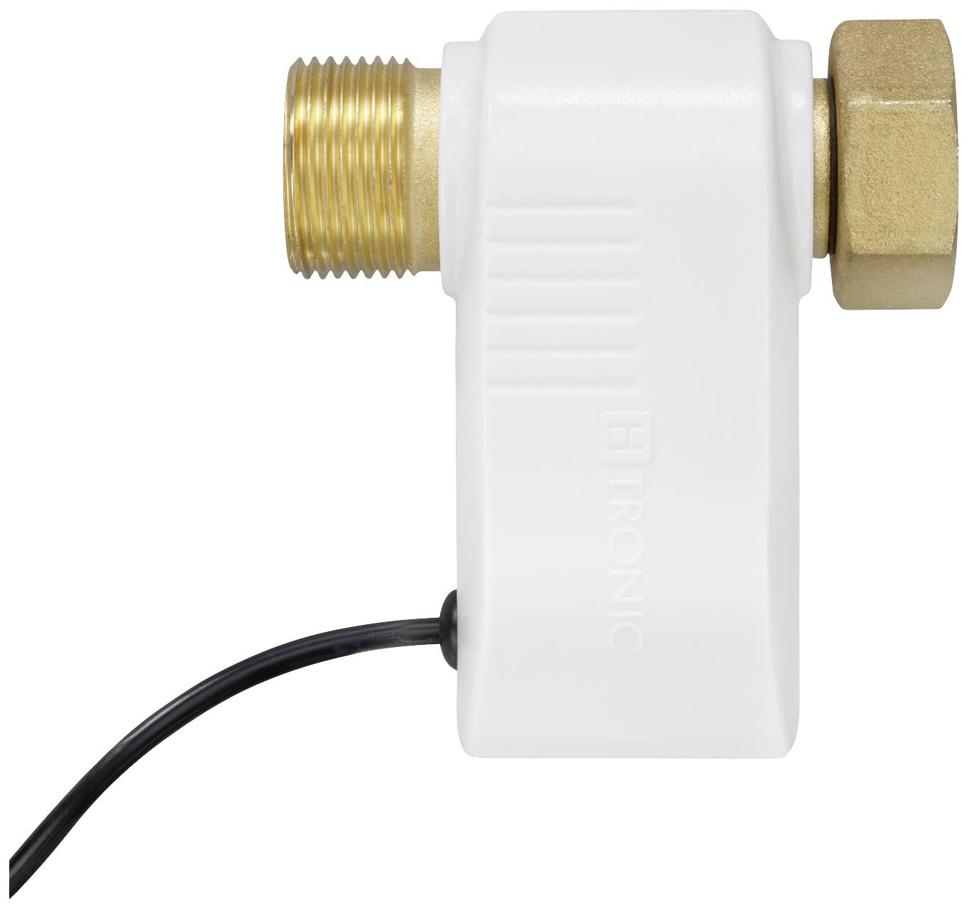 Wit elektrisch ventiel met messing aansluitingen en zwart snoer, gezien van opzij.