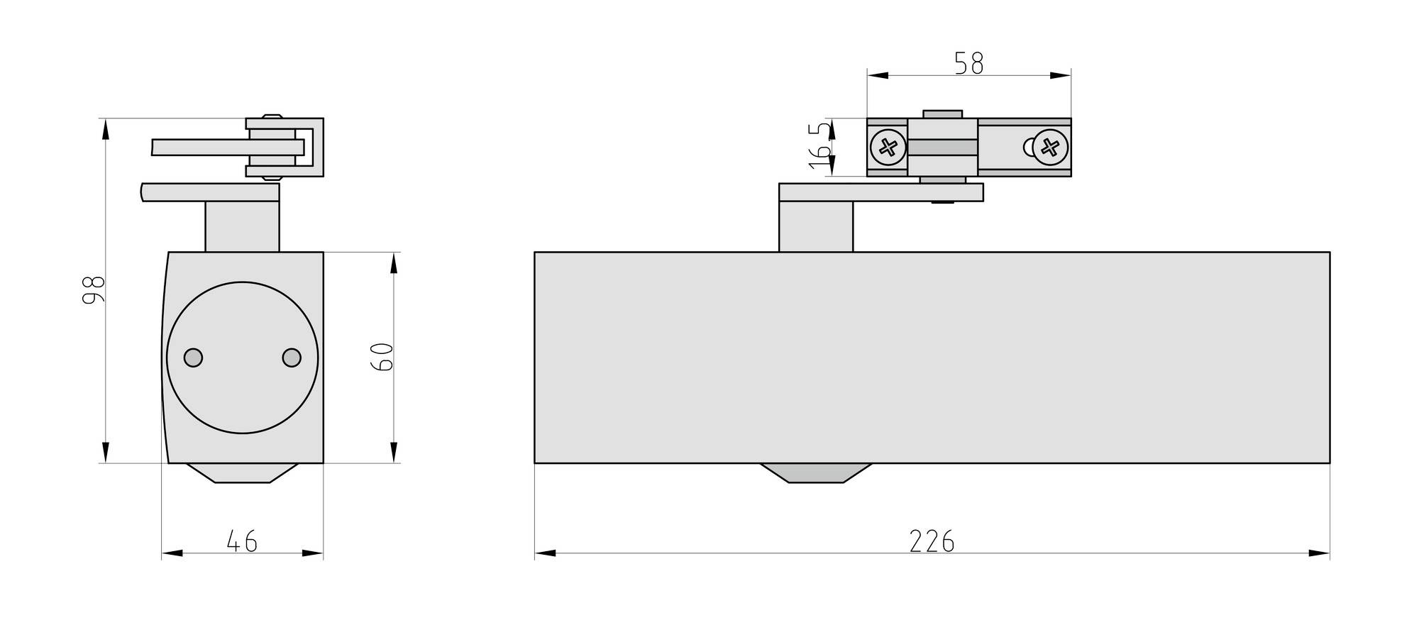 Technische tekening van een rechthoekig onderdeel met afmetingen: lengte 226 mm, hoogte 98 mm, breedte 60 mm. Schroeven bovenaan bevestigd.