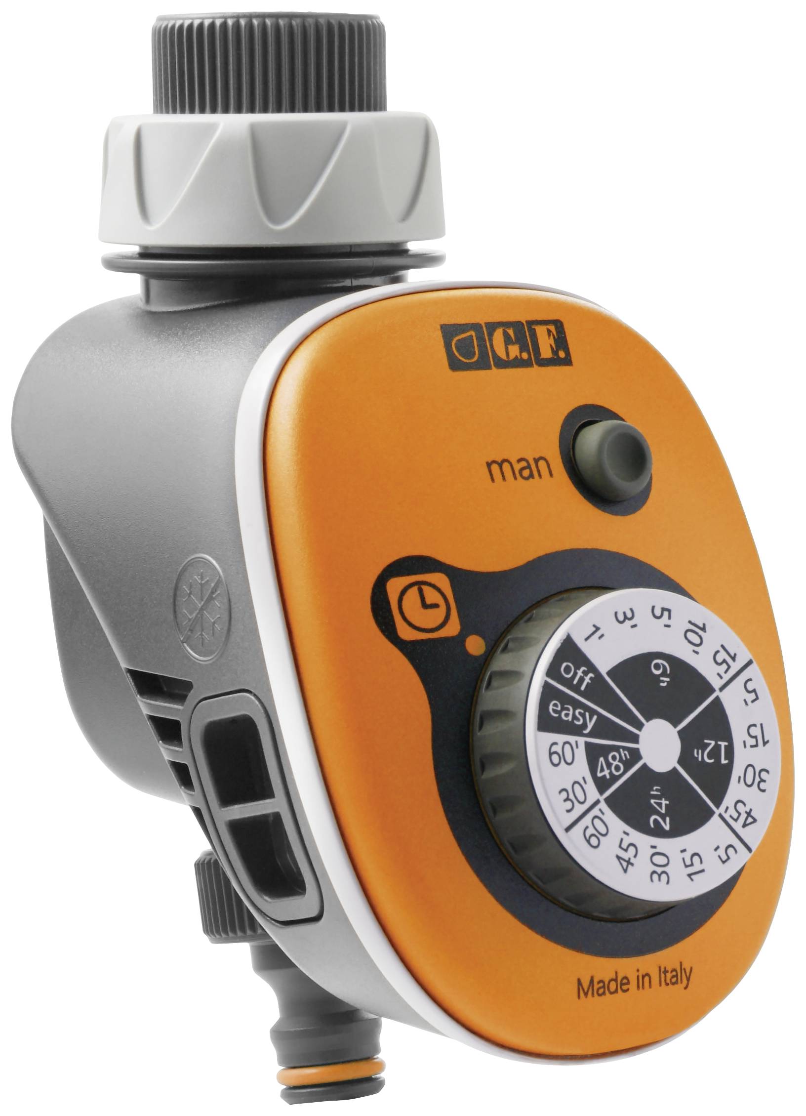 Automatische irrigatietimer met oranje behuizing. Wijzerplaat voor tijdsturing. Vervaardigd in Italië.