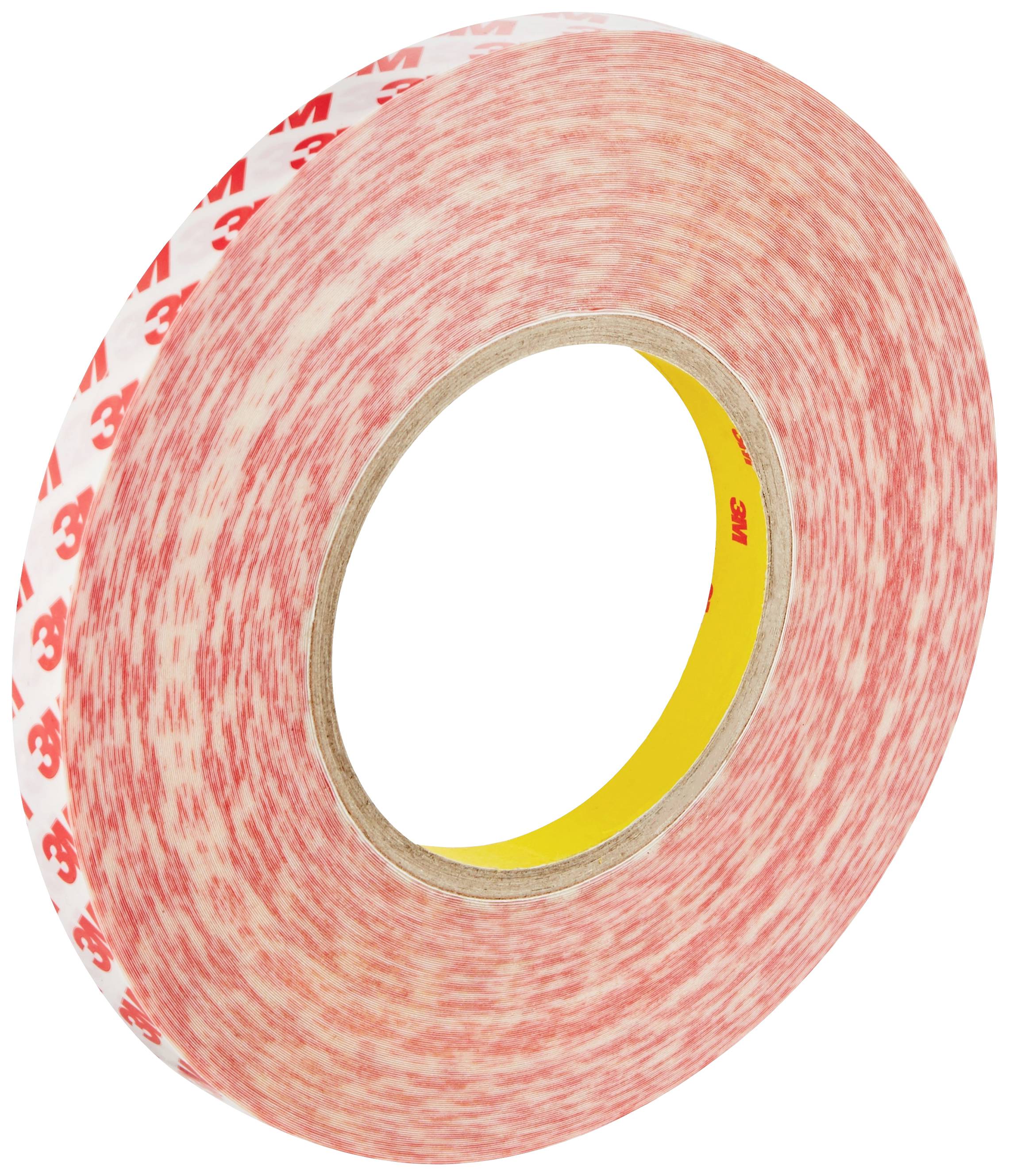 Een rol dubbelzijdig plakband met een rode patroonprint en een gele binnenring, gebruikt voor bevestiging of verzegeling.