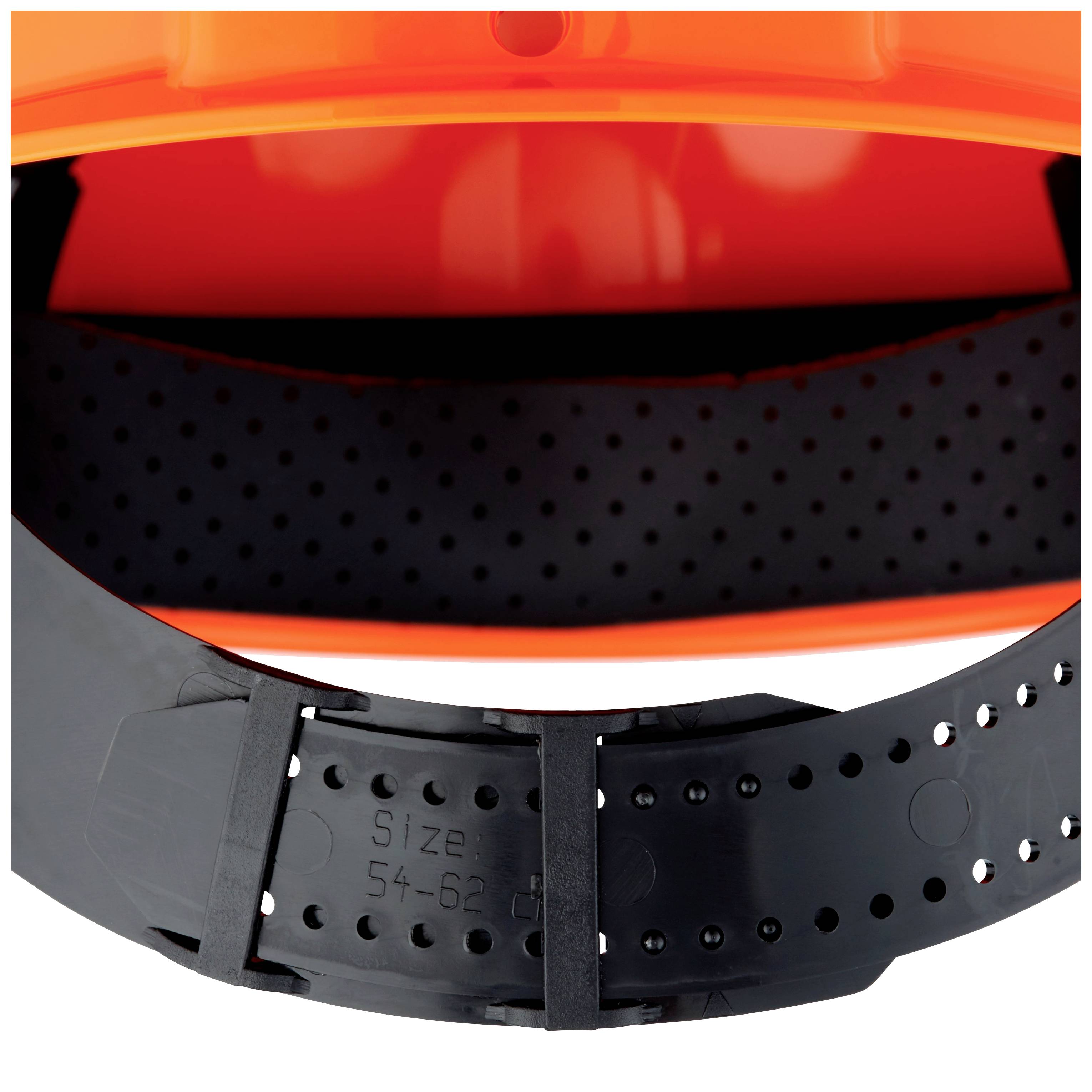 Een oranje beschermhelm-binnenvoering met een zwart, verstelbaar hoofdband, gemarkeerd met 'Maat 54-62'.