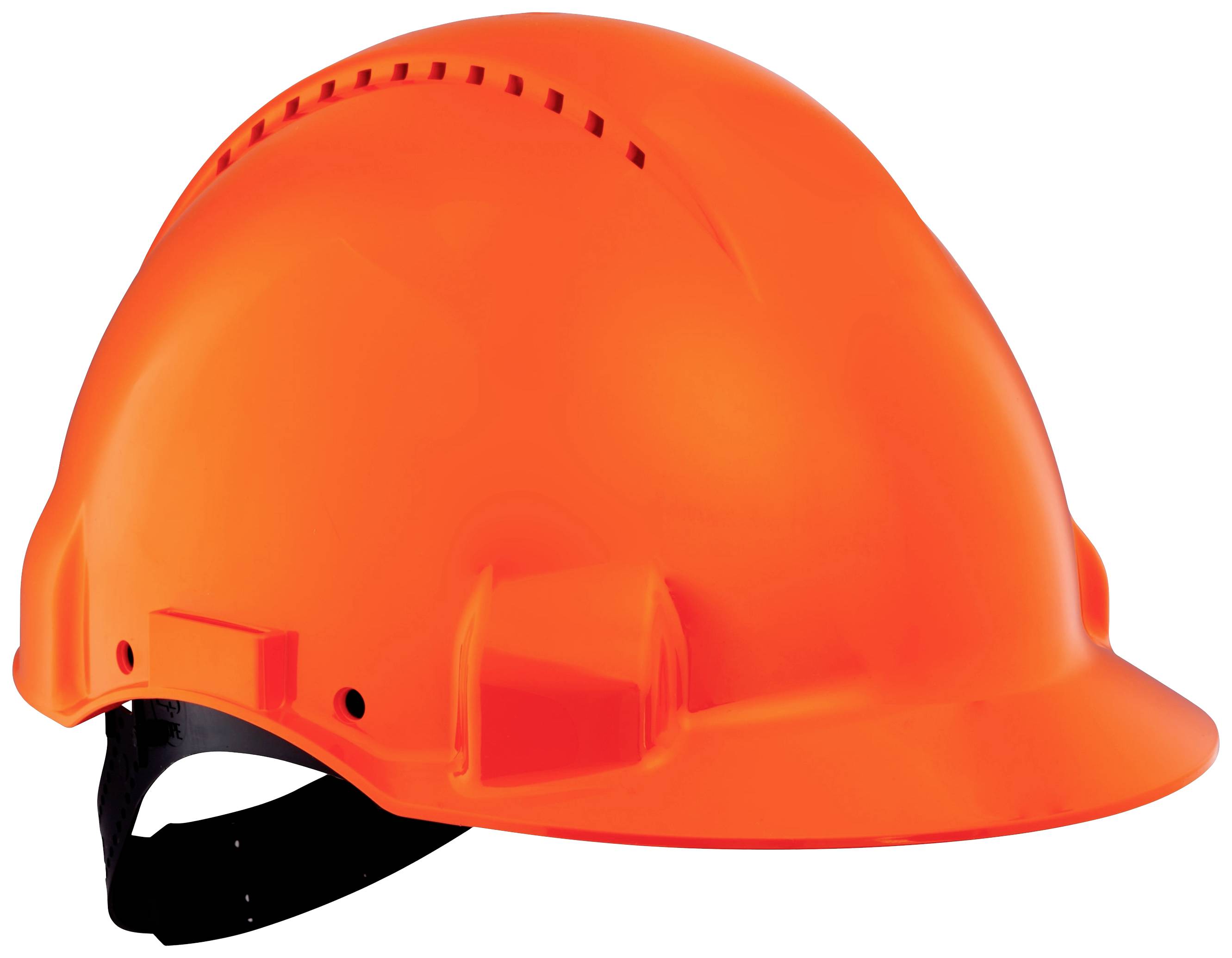 Oranje veiligheidshelm van hard plastic, zijaanzicht, met verstelbare kinband.