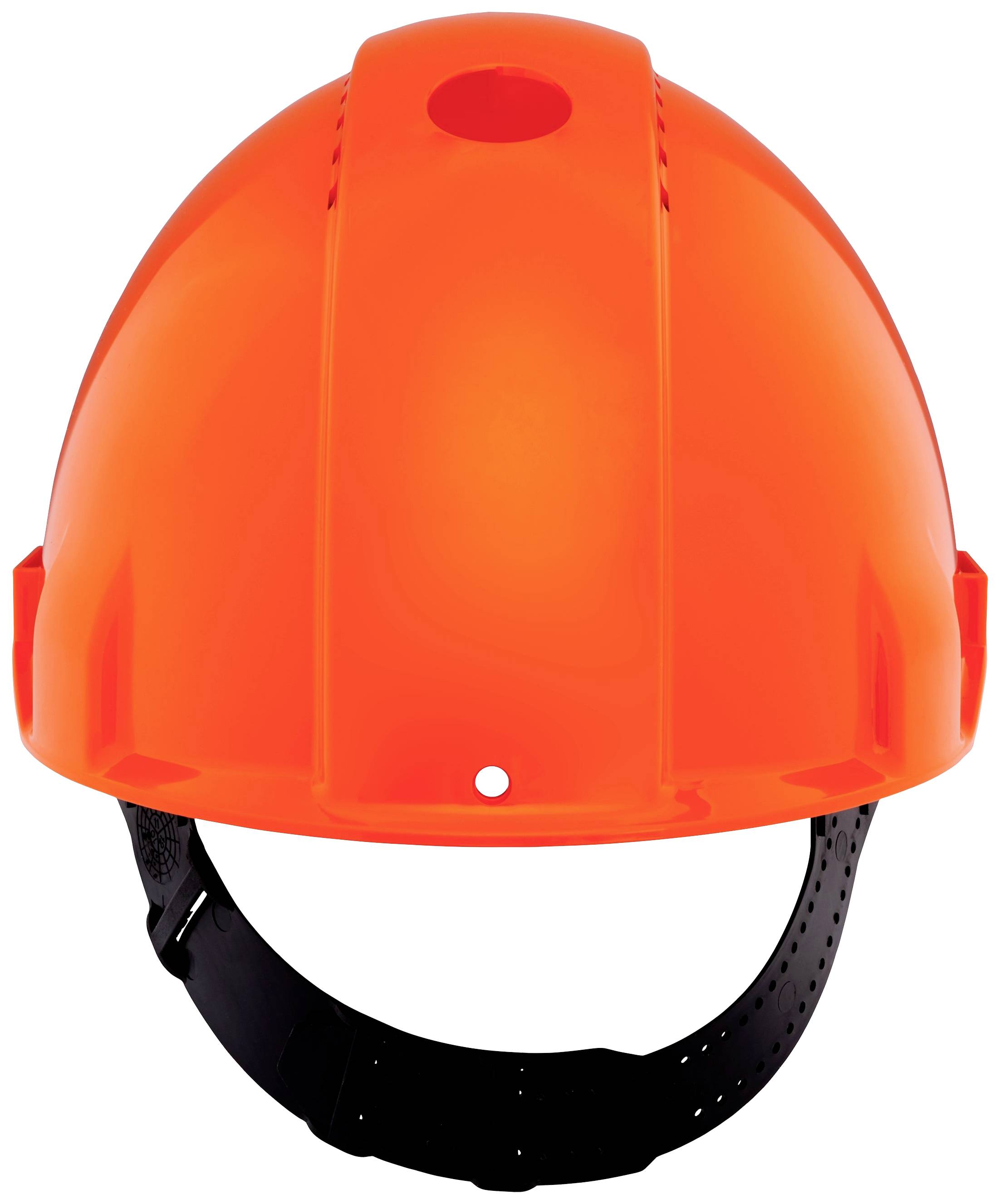 Een oranje veiligheidshelm met een zwarte kinband, vooraanzicht.