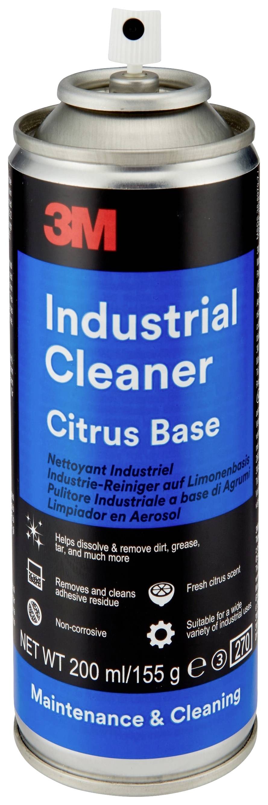 Spuitbus met opschrift '3M Industriële Reiniger Citrusbasis'. Voor reiniging en verwijdering van vet en vuil. 200 ml.