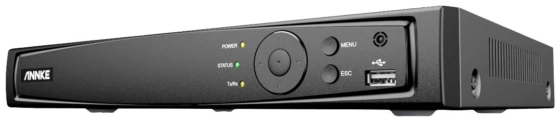 Een zwarte DVR-recorder met het opschrift 'ANNKE' aan de linkerkant. Displays en bedieningsknoppen zijn zichtbaar.