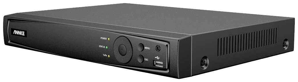 Een zwarte digitale recorder met meerdere aansluitingen en controlelampjes aan de voorkant, geschikt voor videobewakingsdoeleinden.