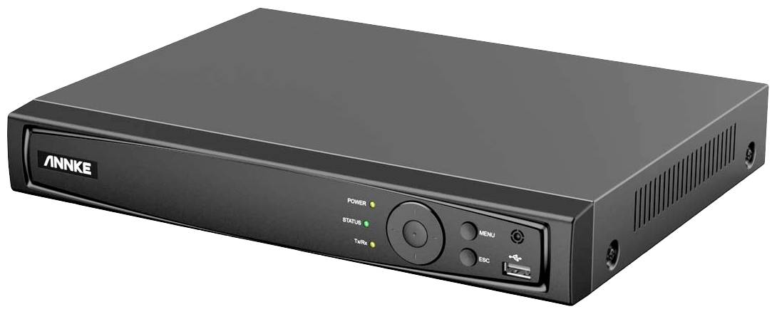 Een zwarte videorecorder met meerdere aansluitingsmogelijkheden, indicatorlampjes en bedieningselementen aan de voorkant.