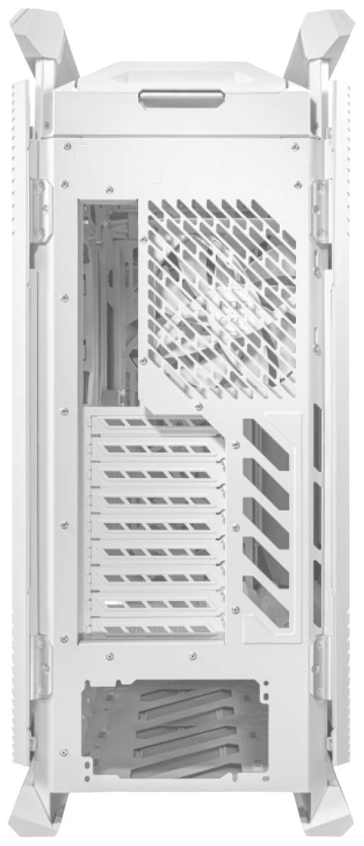 Wit computerbehuizing in verticale weergave, met open roosters voor luchtstroom en meerdere uitbreidingssleuven.