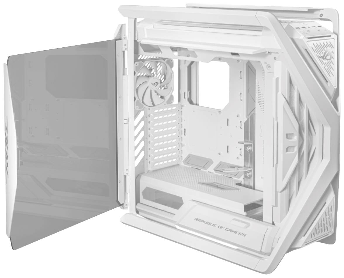 Een open, wit pc-behuizing met zijpaneel, drie zichtbare ventilatoren en ruimte voor componenten; gemarkeerd met 'Republic of Gamers'.