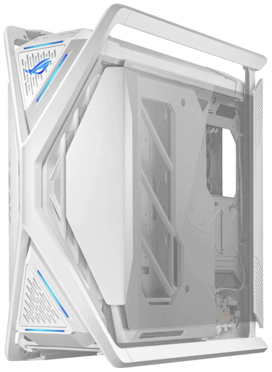 Een wit computerbehuizing met futuristisch ontwerp en blauwe LED-accenten, zijaanzicht met open interieur.