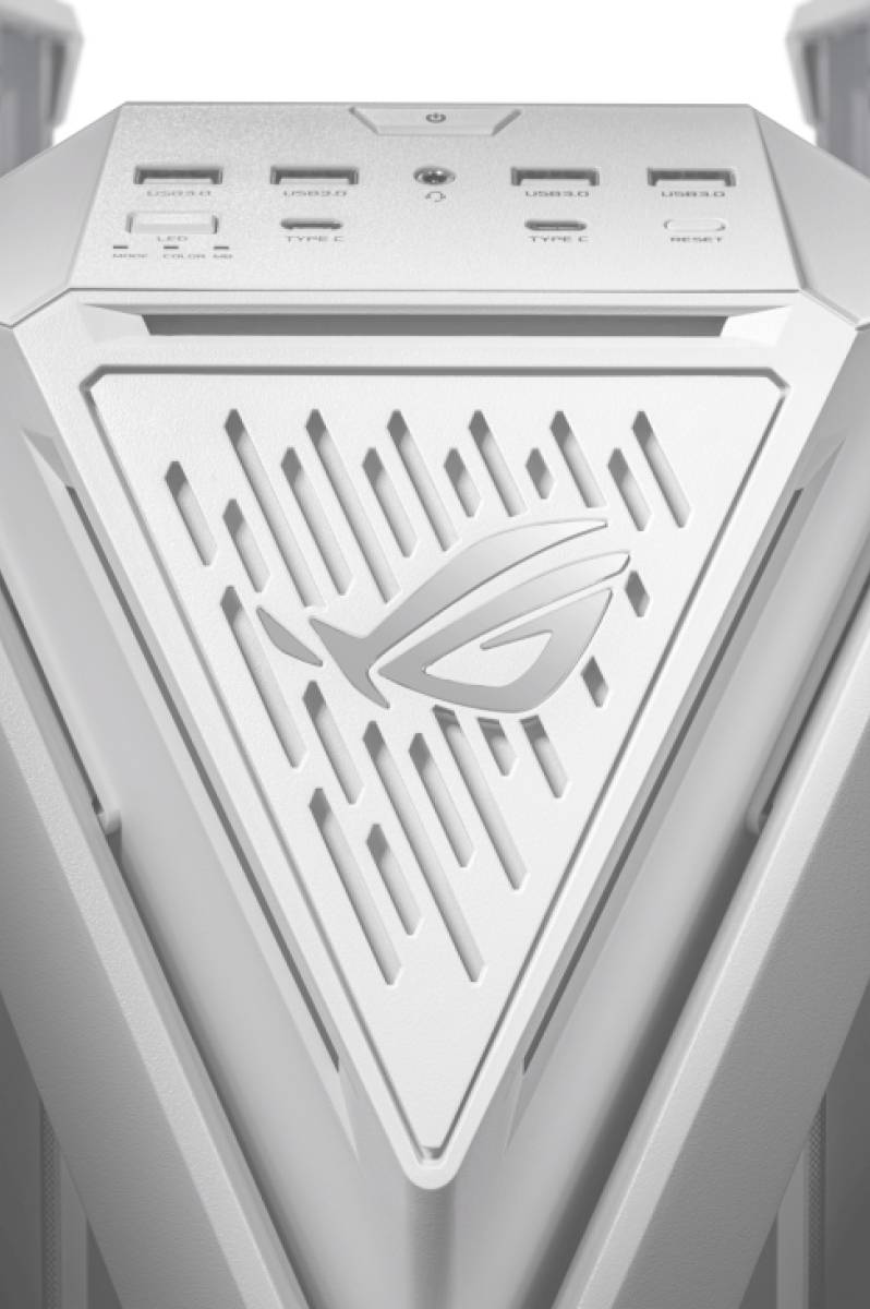 Driehoekig deel van een witte gaming-pc met het ROG-logo in het midden. Bovenaan bevinden zich verschillende aansluitingen en schakelaars.