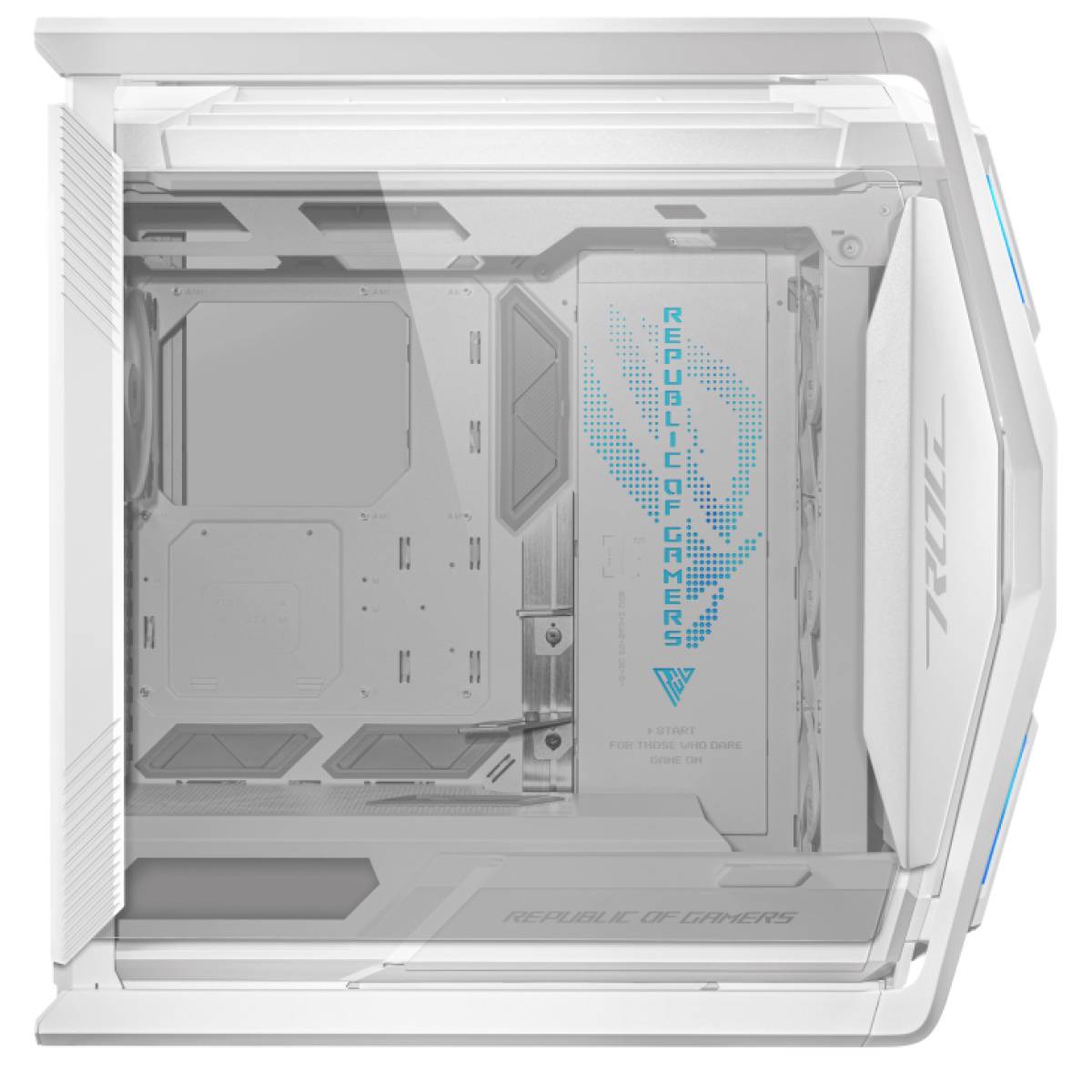 Transparante zijaanzicht van een wit computerbehuizing met een blauw 'Republic of Gamers'-logo aan de binnenkant.