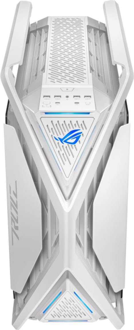 Een futuristische, witte gamingcomputer met blauwe LED-verlichting en een opvallend aerodynamisch ontwerp, merkenlogo zichtbaar.