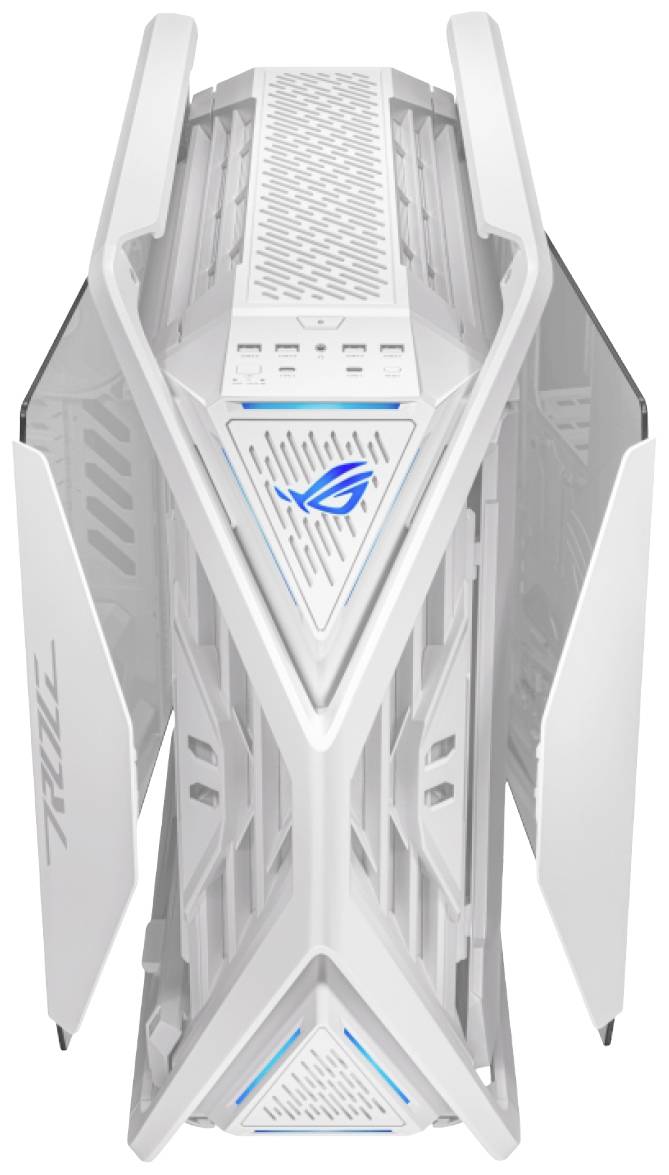 Een wit, futuristisch computerbehuizing met blauwe LED-verlichting en een modern ontwerp dat de indruk van snelheid wekt.