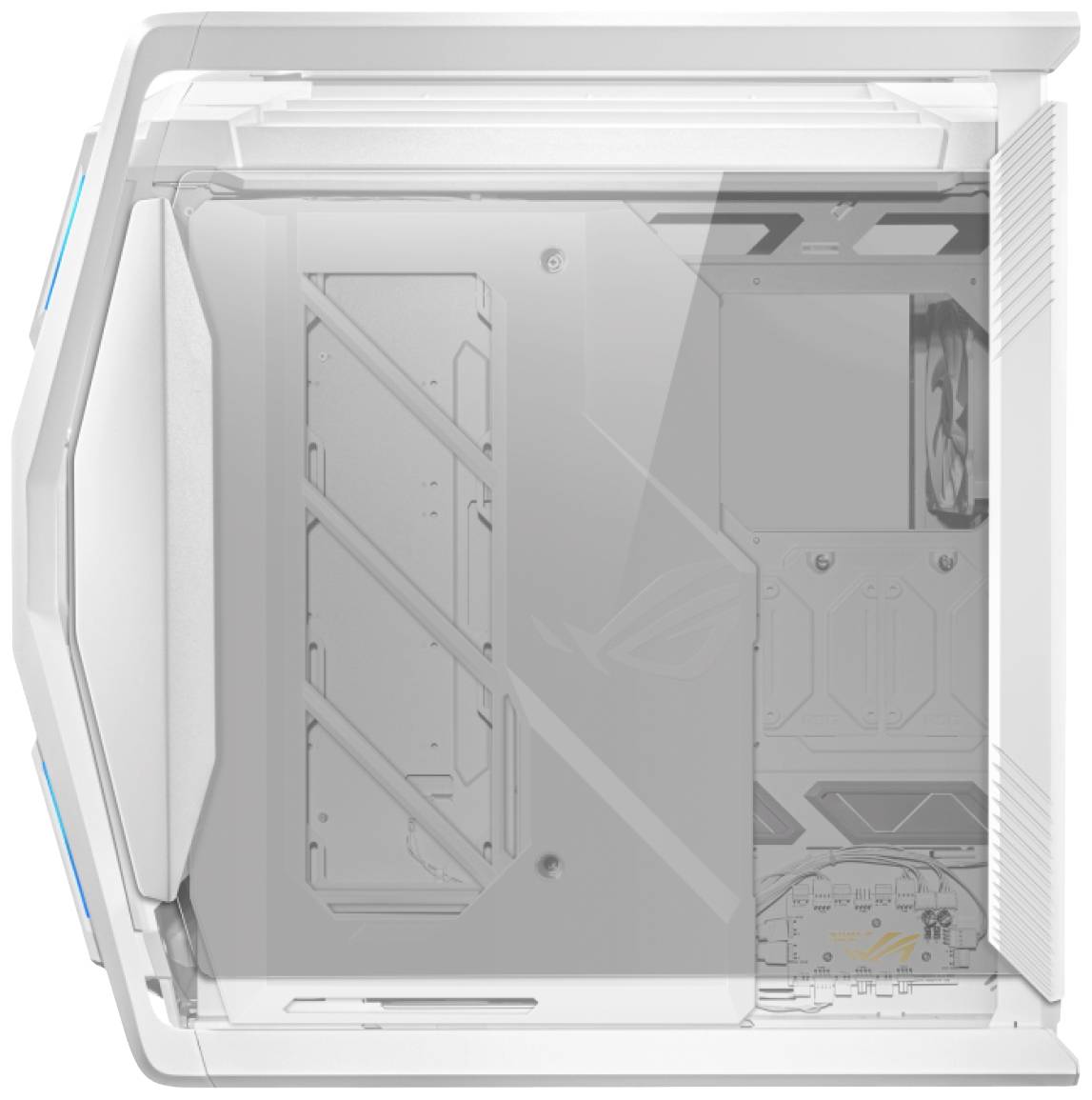 Een transparant pc-behuizingsdeksel in het wit met zicht op de binnenkant, inclusief montageruimtes en kabelopties voor hardware.
