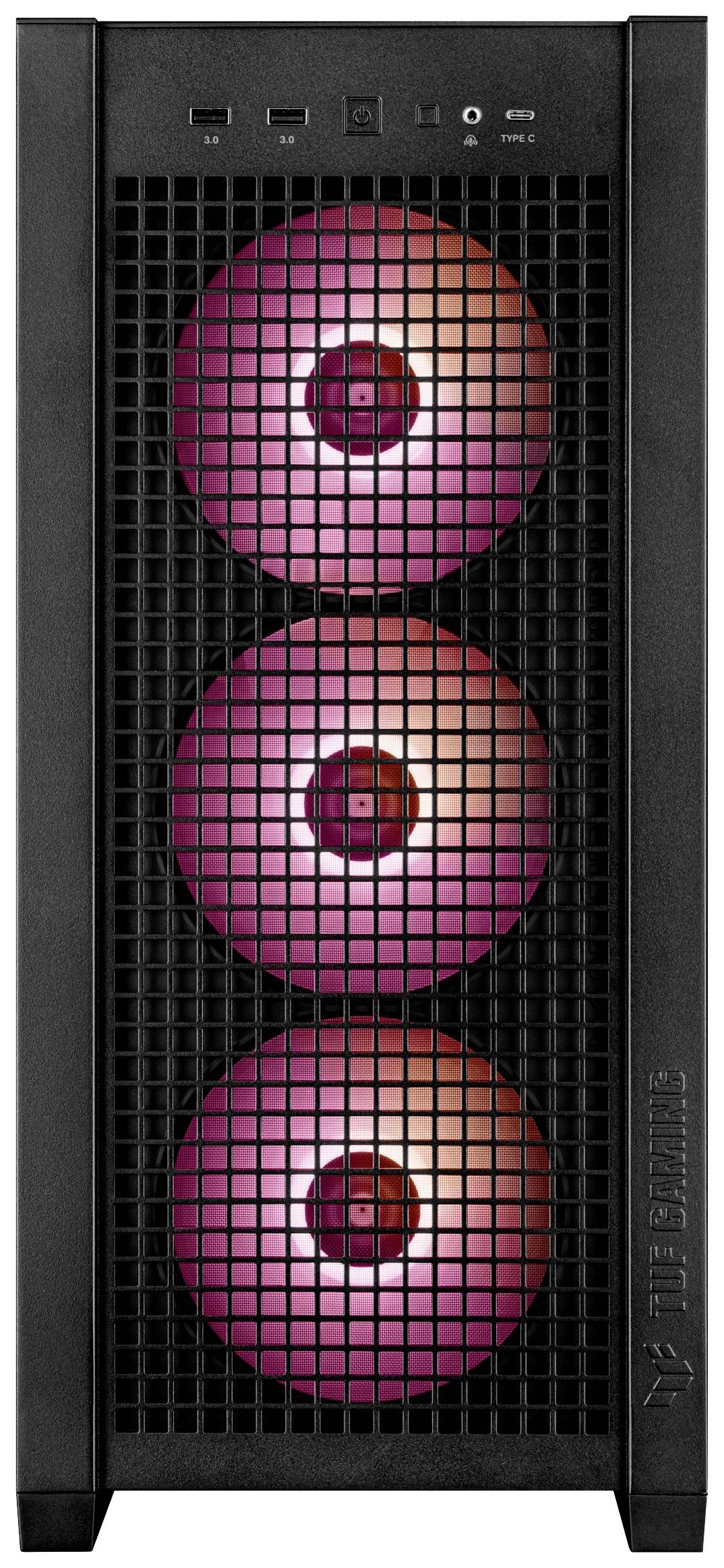 Zwart computerbehuizing met drie zichtbare, lichtgevende ventilatoren in rood en roze achter een rooster aan de voorkant.