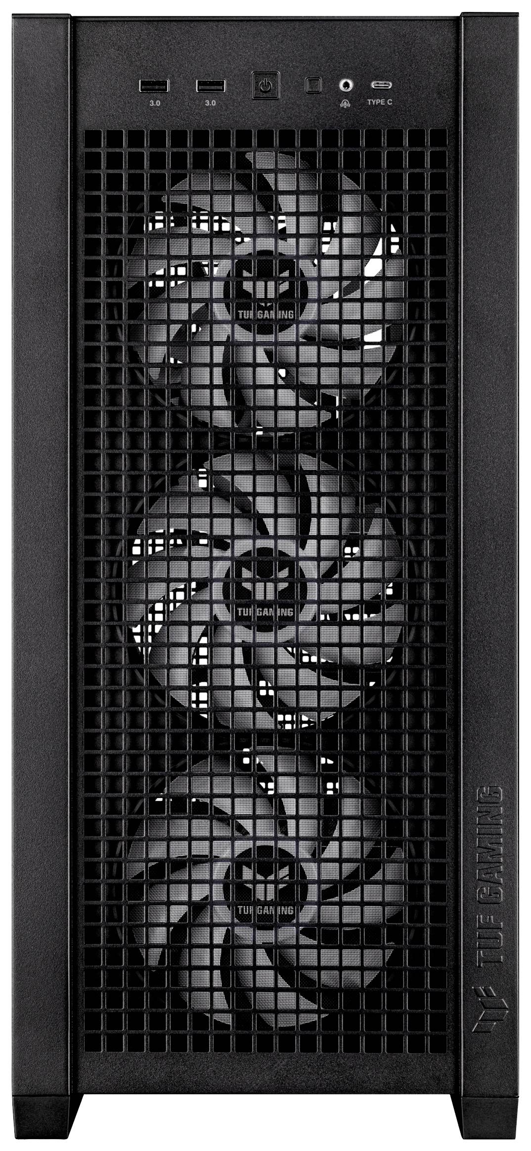 Zwart computerbehuizing met drie grote ventilatoren aan de voorkant, USB- en koptelefoonaansluitingen bovenaan.