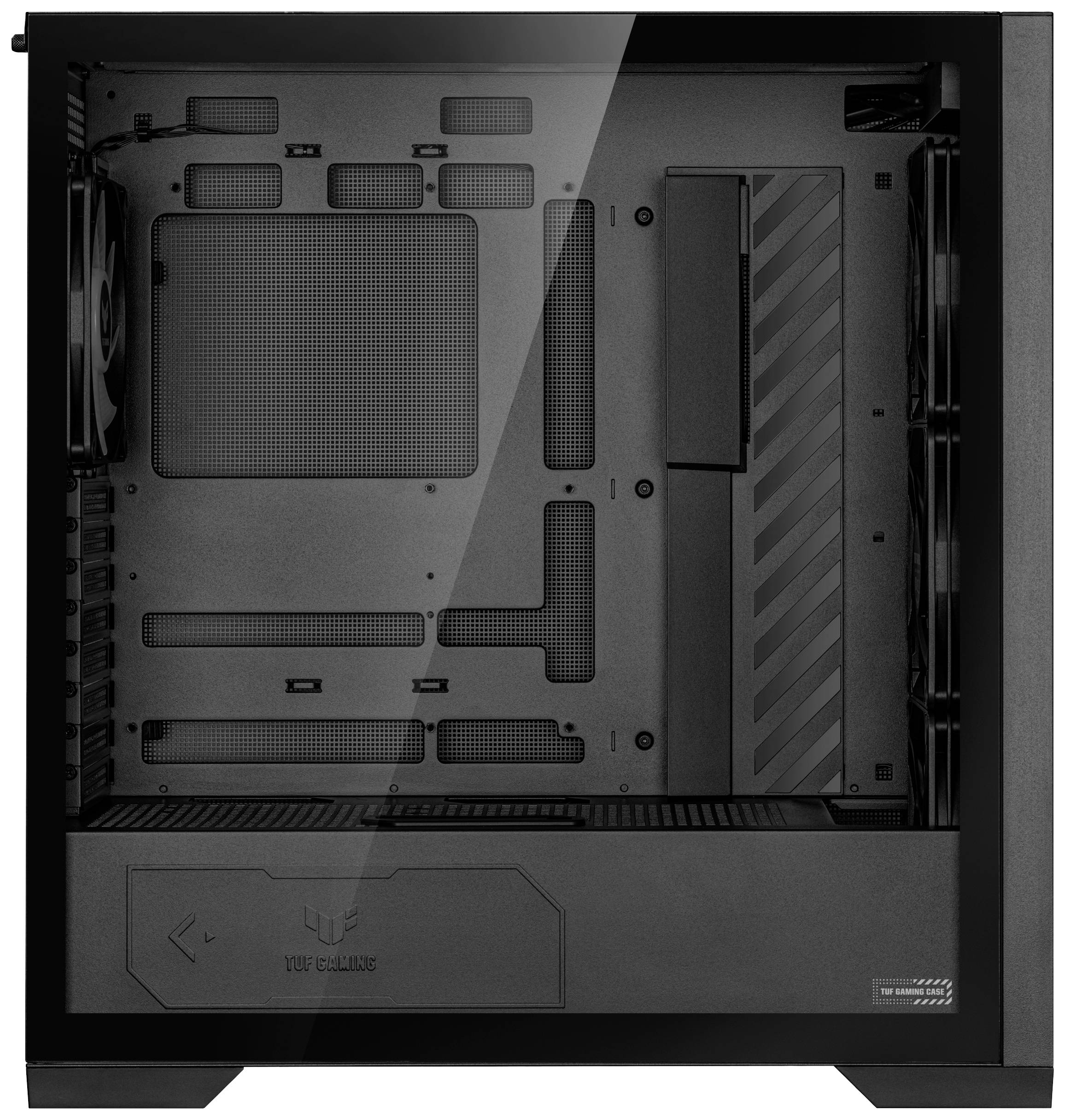 Een computerbehuizing in het zwart met een transparant zijvenster, toont een lege binnenruimte voor componenteninstallatie.