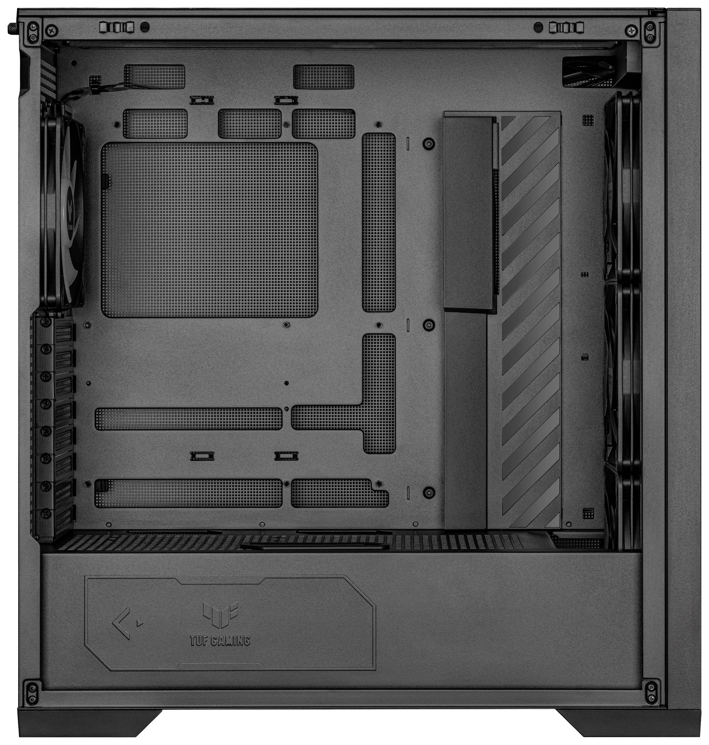 Zwart computerbehuizing met open zijkanten, toont interne opbouw. Ventilator links gemonteerd, ruimte voor moederbord en hardwarecomponenten.