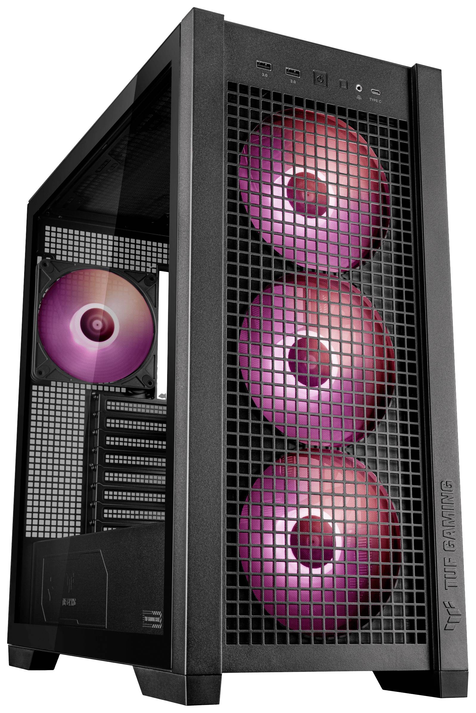 Een zwarte computerbehuizing met glazen zijpaneel toont vier felroze ventilators. Het is geschikt voor gaming-pc's.