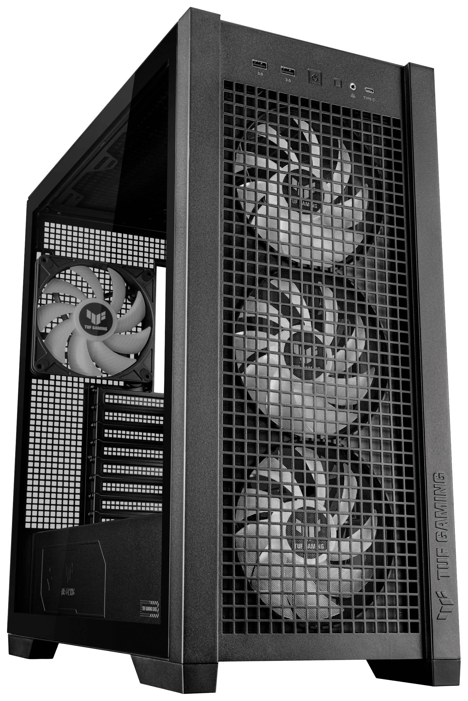 Zwart computerbehuizing met drie ventilatoren aan de voorkant en één aan de achterkant, geschikt voor gaming-pc's.