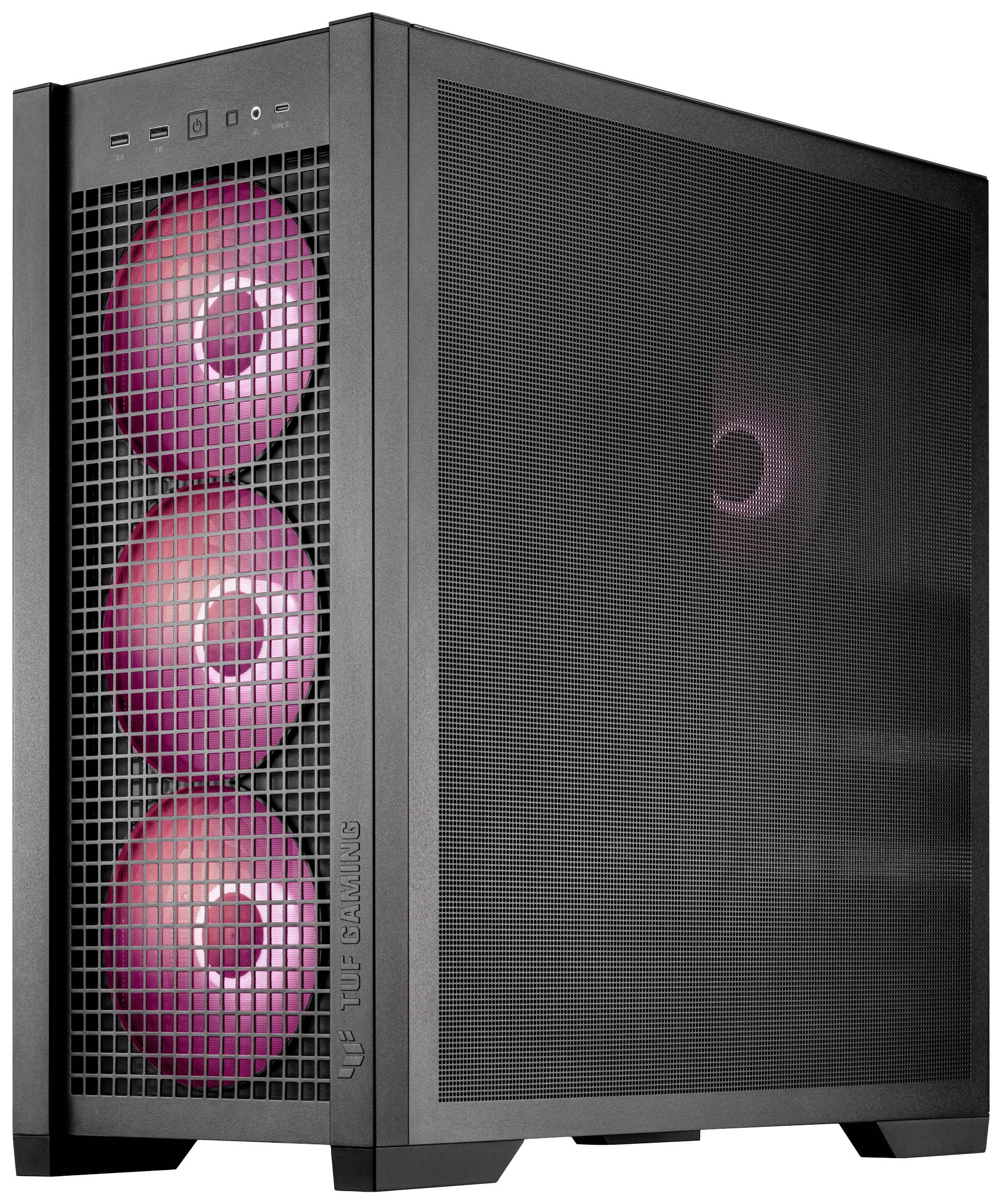 Een zwart computerbehuizing met een transparant voorpaneel toont drie roze verlichte ventilatoren. Zijaanzicht met mesh-bekleding.