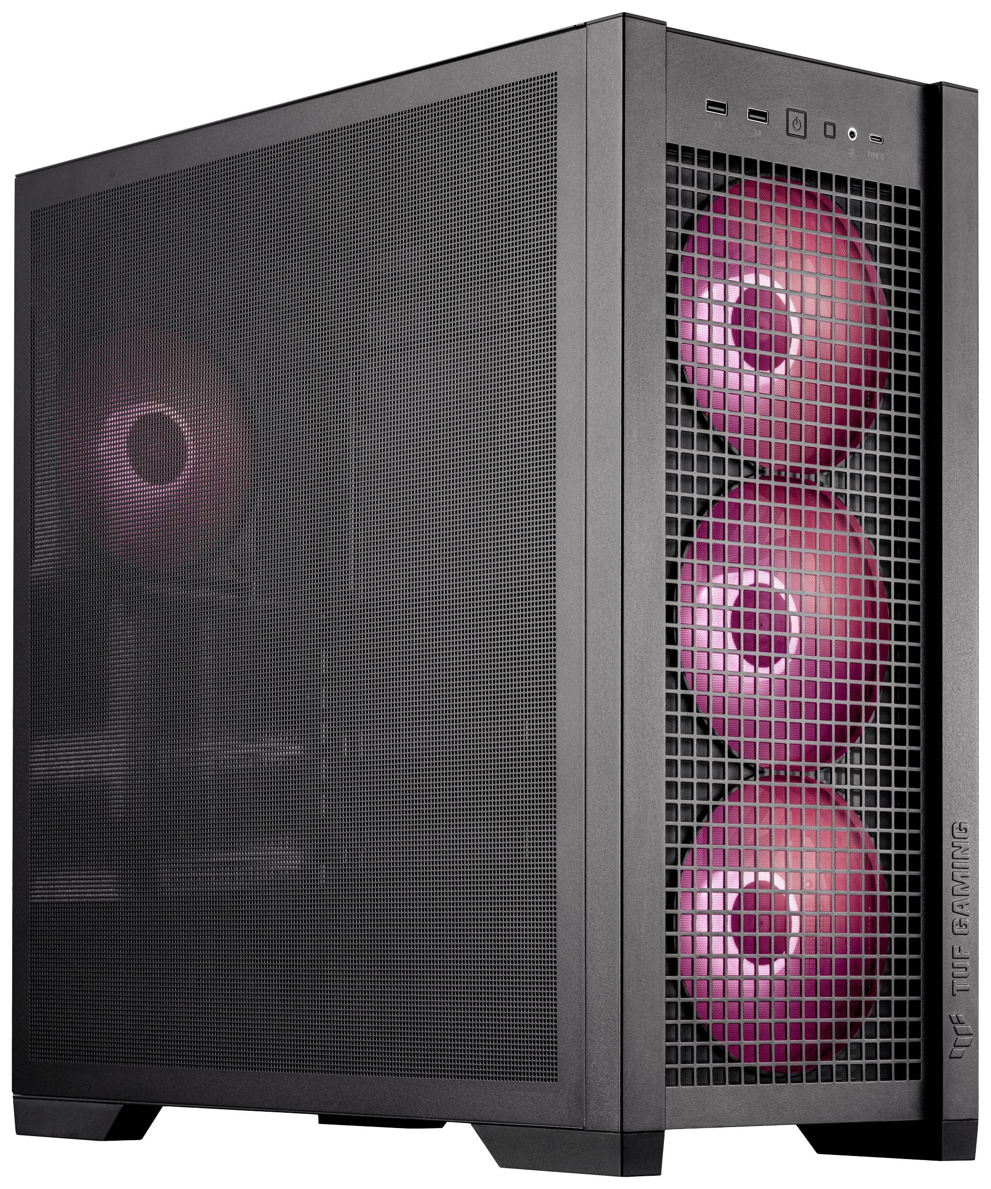 Zwart computerbehuizing met vier zichtbare fel rode ventilatoren, drie aan de voorkant en één aan de zijkant. Modern design met mesh-voorkant.